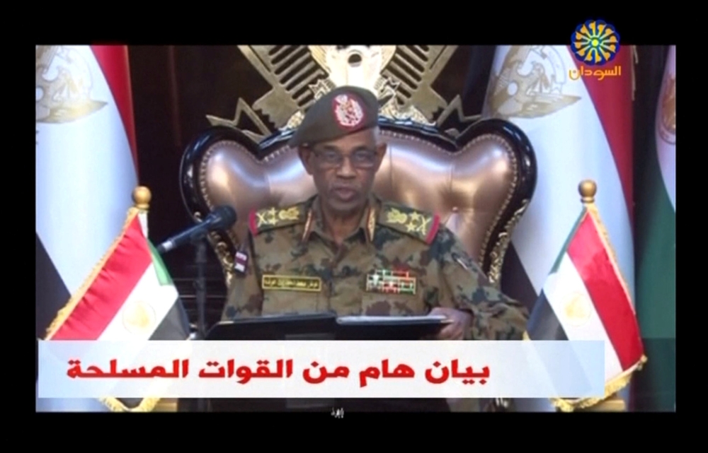 Sudan's Defence Minister Awad Mohamed Ahmed Ibn Auf makes an announcement in Sudan in this still image taken from video on April 11, 2019. Sudan TV/ReutersTV 
