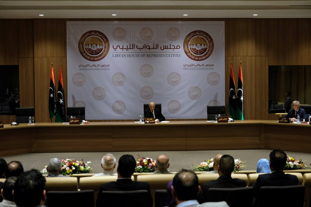 Aguila Saleh, Libya's parliament president, speaks during the first session at parliament headquarters in Benghazi, Libya April 13, 2019. REUTERS/Esam Omran Al-Fetori