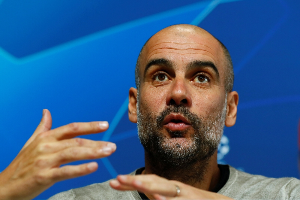 Manchester City manager Pep Guardiola during the press conference. Reuters/Jason Cairnduff