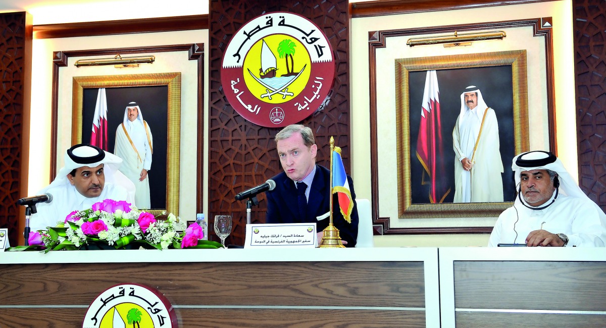 The Attorney-General of Qatar, H E Dr Ali bin Fetais Al Marri (left), and French Ambassador to Qatar Franck Gellet (centre), addressing the opening of a seminar on combating cybercrime, held at the Public Prosecution headquarters in Doha, yesterday. Pic: