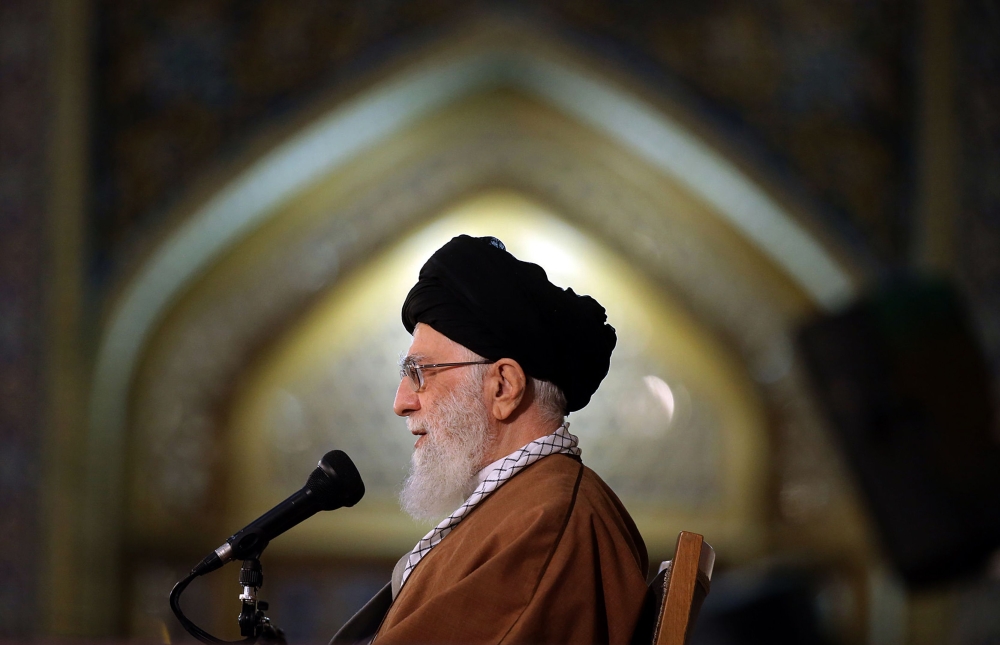 FILE PHOTO: Iran's Supreme Leader Ayatollah Ali Khamenei on March 21, 2019 shows him addressing crowds of Iranians gathering in the northeastern holy city of Mashhad for a celebration of Noruz, the Persian New Year. AFP