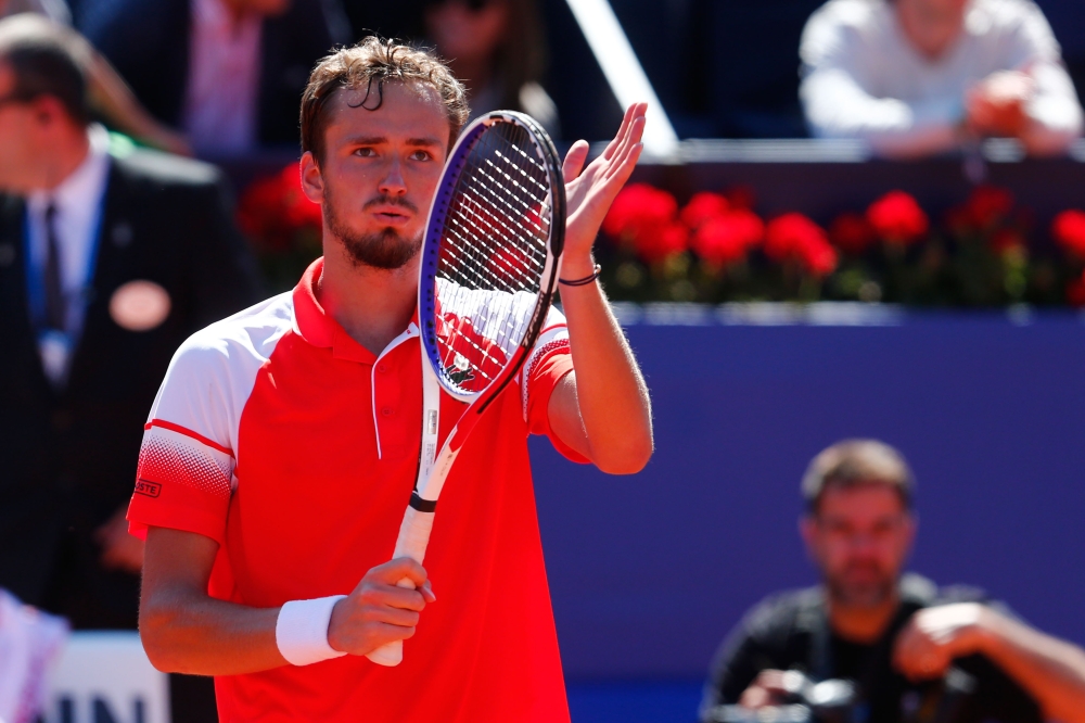 Russia's Daniil Medvedev celebrates his victory against Japan's Kei Nishikori during the ATP Tour Barcelona Open semi-final tennis match in Barcelona on April 27, 2019. / AFP / Pau Barrena