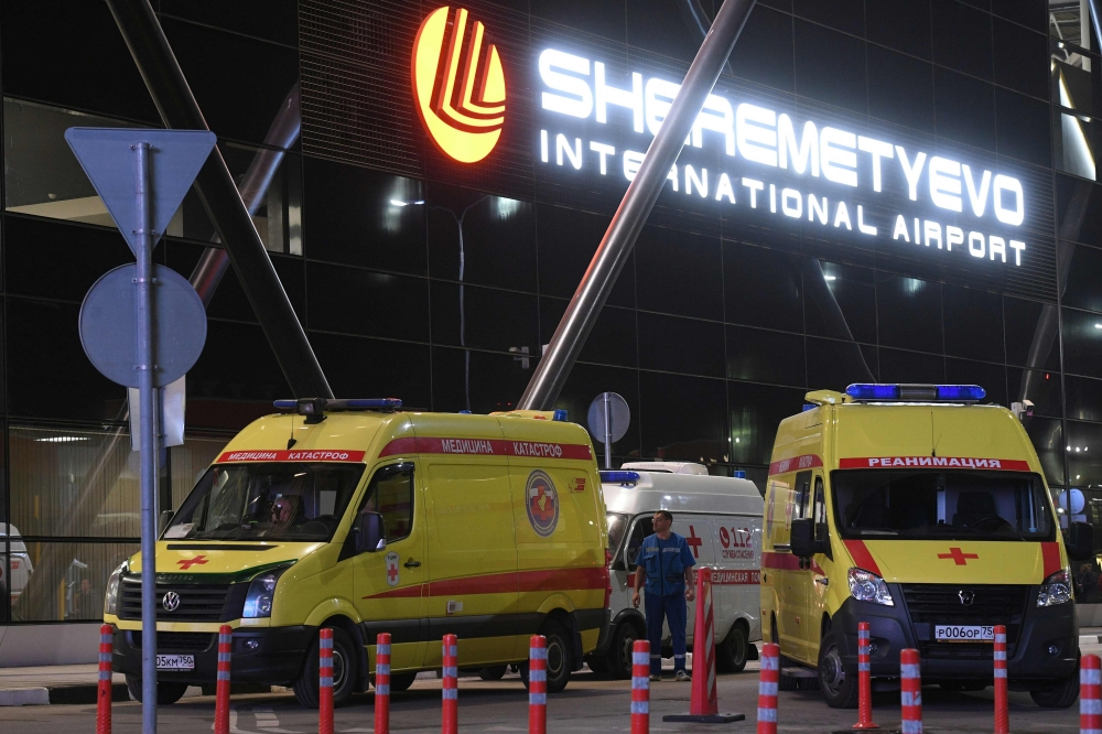 Ambulances are parked in front of the terminal building of the Sheremetyevo Airport outside Moscow after a Russian-made Superjet-100 on fire attempted an emergency landing on May 5, 2019. AFP / Kirill KUDRYAVTSEV