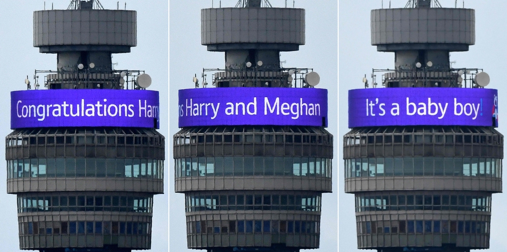 A combination of pictures shows the congratulatory banner message circling the BT Tower reading 