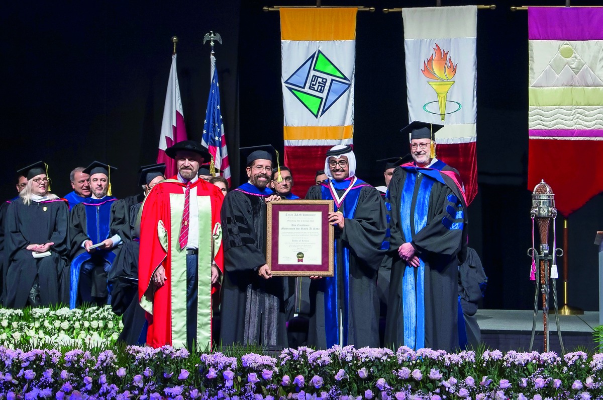 H E Dr Mohammed bin Saleh Al Sada being honoured during commencement ceremonies of Texas A&M University at Qatar at QNCC.