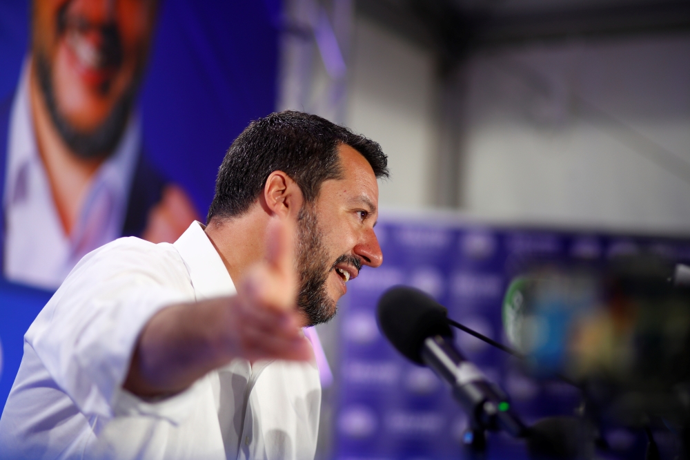 Deputy Prime Minister and League party leader Matteo Salvini speaks to the media at the League party headquarters, following the results of the European Parliament elections, in Milan, Italy May 27, 2019. REUTERS/Alessandro Garofalo