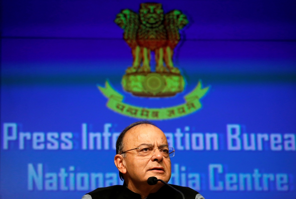 FILE PHOTO: India's Finance Minister Arun Jaitley attends a news conference sharing details about the recapitalisation of public sector banks in New Delhi, India, January 24, 2018. REUTERS/Saumya Khandelwal/File Photo