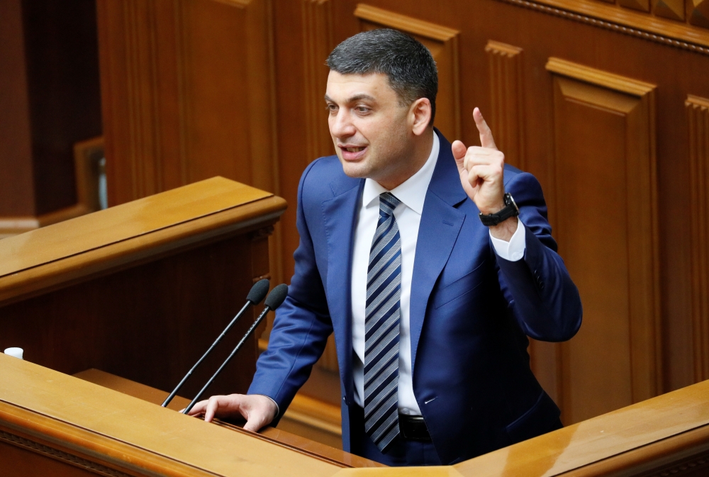 Ukraine's Prime Minister Volodymyr Groysman delivers a speech during a session of parliament in Kiev, Ukraine May 30, 2019. REUTERS/Valentyn Ogirenko