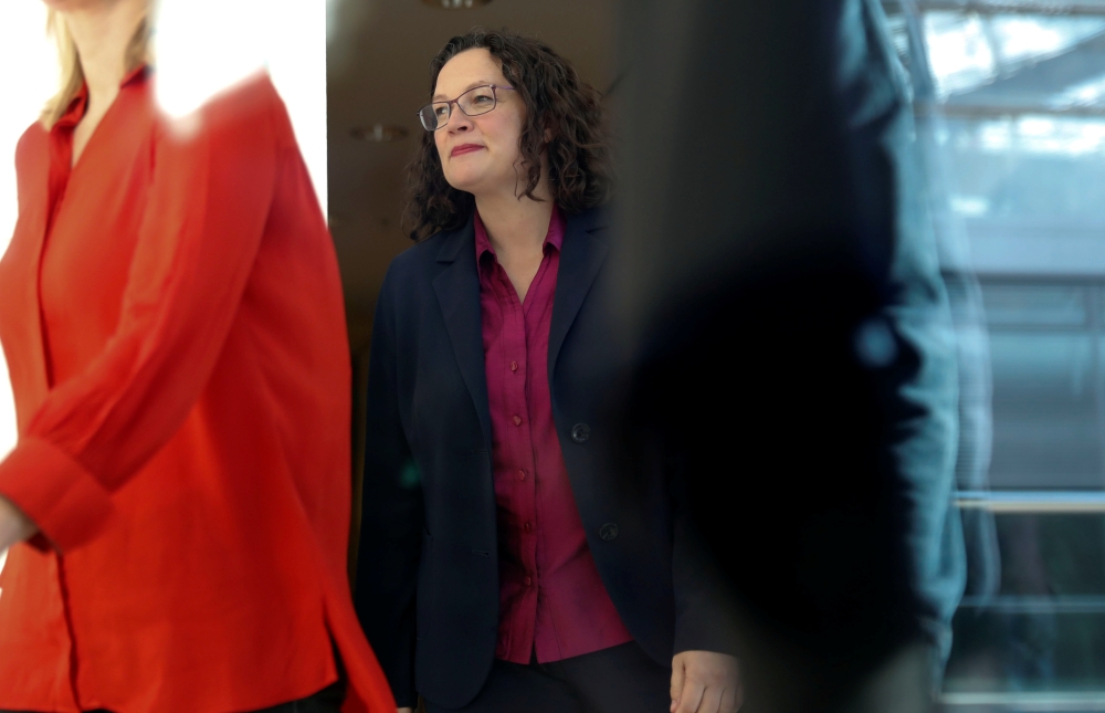 Social Democratic Party (SPD) leader Andrea Nahles is pictured as she leaves a party faction meeting for a break at the lower house of parliament Bundestag in Berlin, Germany, May 29, 2019. Reuters/Fabrizio Bensch