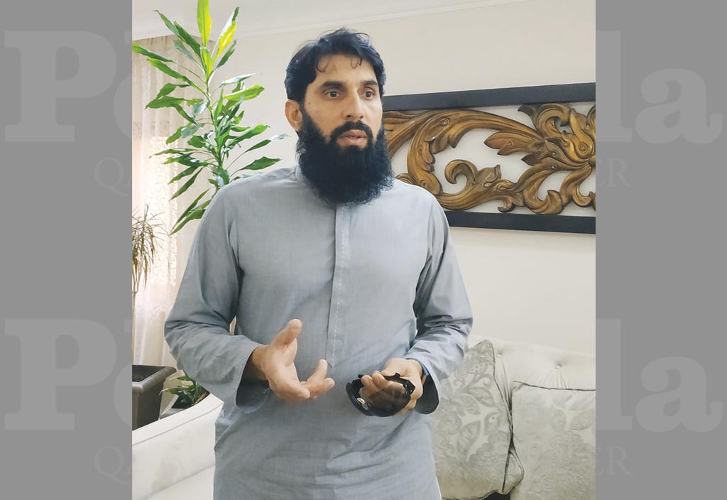 Former Pakistan captain Misbah Ul Haq speaks to the media during his short visit to the Qatari capital.