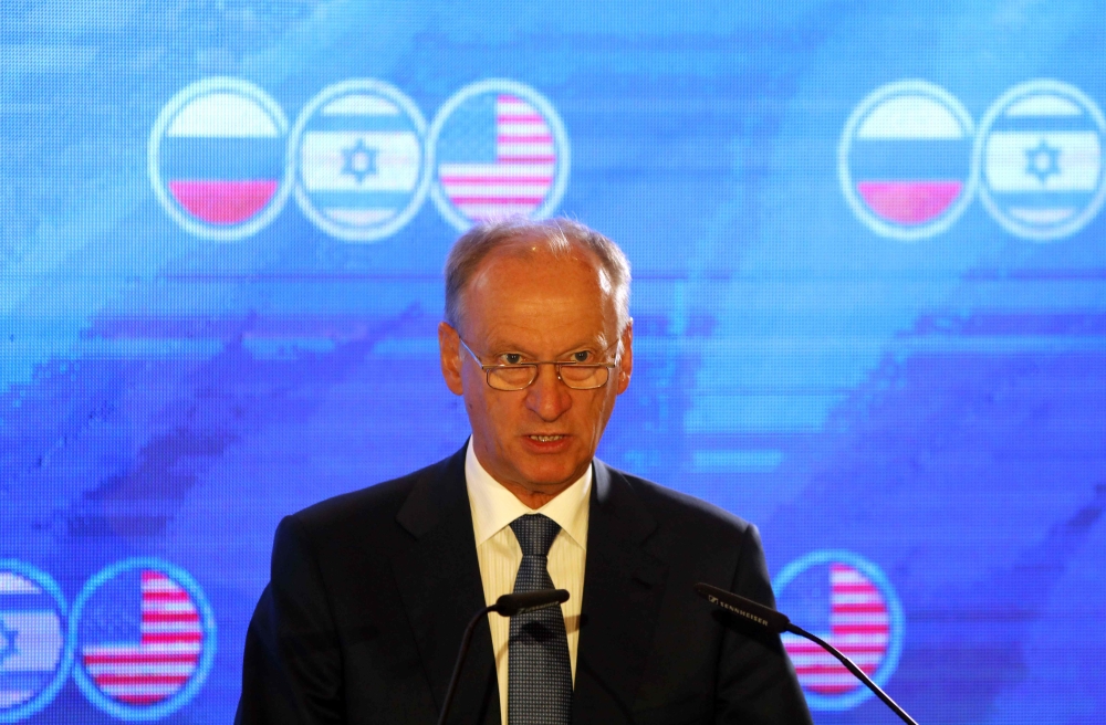 Russian Secretary of the Security Council Nikolai Patrushev speaks during a trilateral summit between the US, Israel and Russia, in Jerusalem on June 25, 2019. (AFP / Menahem KAHANA)