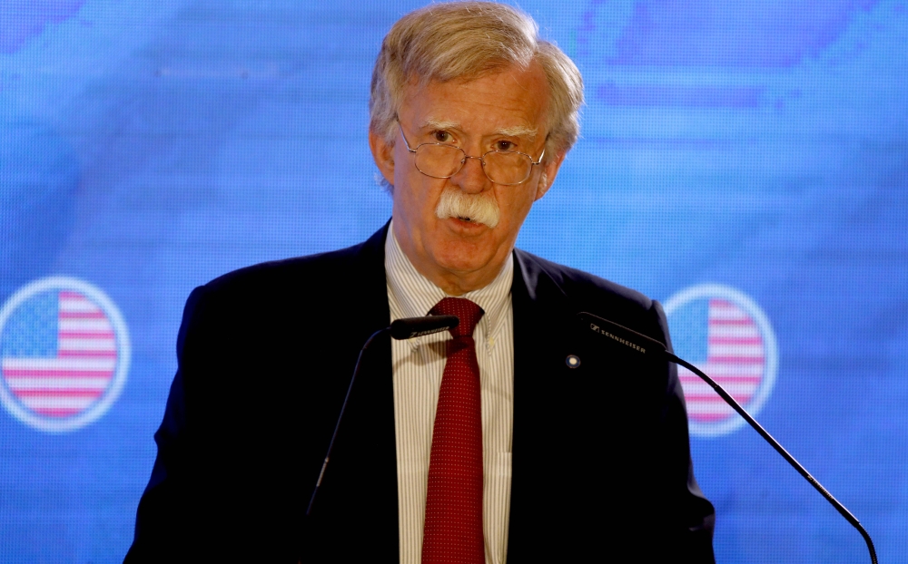 US national security adviser John Bolton speaks during a trilateral summit between the US, Israel and Russia, in Jerusalem on June 25, 2019.   AFP / Menahem KAHANA