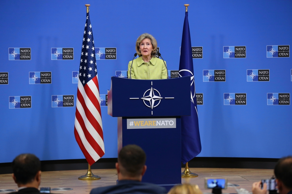 U.S. Permanent Representative to NATO, Kay Bailey Hutchison speaks during a press conference prior to the NATO Defence Ministers Meeting, that will be held tomorrow, in Brussels, Belgium on June 25, 2019. ( Dursun Aydemir - Anadolu Agency )