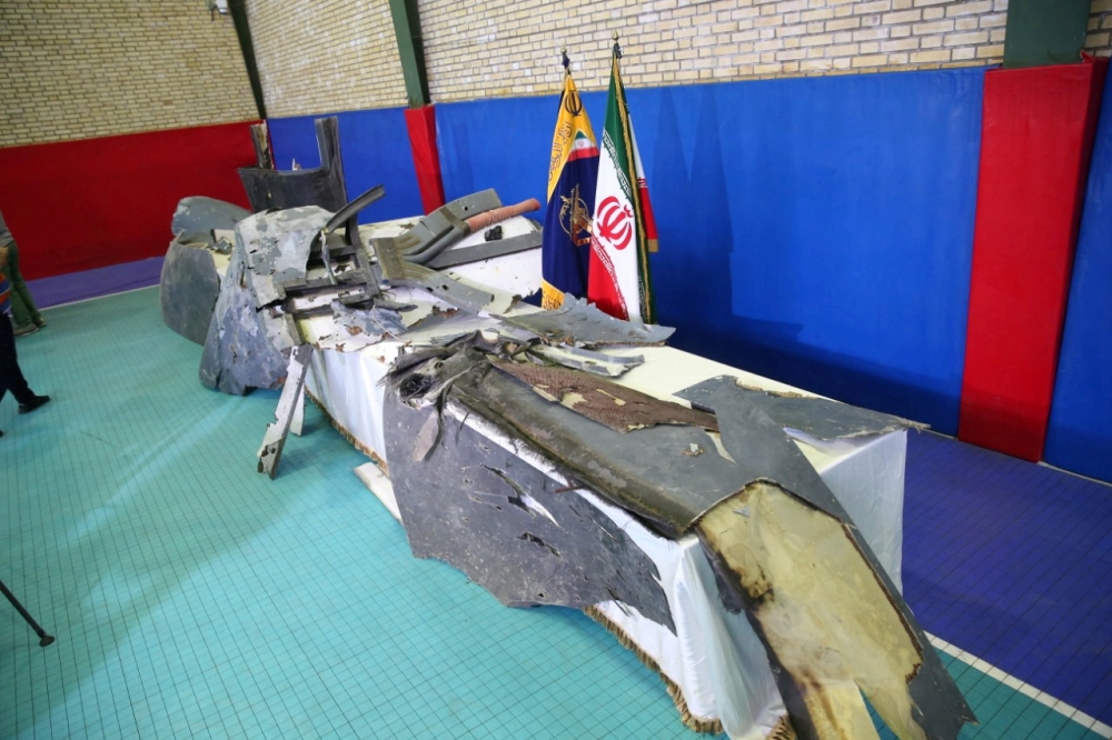 The purported wreckage of the American drone is seen displayed by the Islamic Revolution Guards Corps (IRGC) in Tehran, Iran June 21, 2019. 