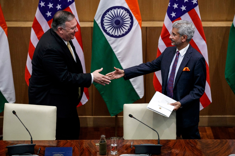 US Secretary of State Mike Pompeo (L) shakes hands with Indian Foreign Minister S. Jaishankar (R) after a press conference at the Foreign Ministry in New Delhi on June 26, 2019. AFP / Jacquelyn Martin