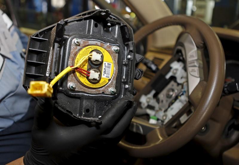 A recalled Takata airbag inflator removed from a Honda Pilot is shown at the AutoNation Honda dealership service department in Miami on June 25, 2015. Reuters/Joe Skipper