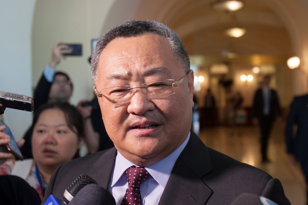 Fu Cong, Head of the Chinese Delegation, talks to the press at the end of a meeting of the Joint Commission of the Joint Comprehensive Plan of Action (JCPOA) attended by the E3+2 (China, France, Germany, Russia, United Kingdom) and Iran on June 28, 2019 a