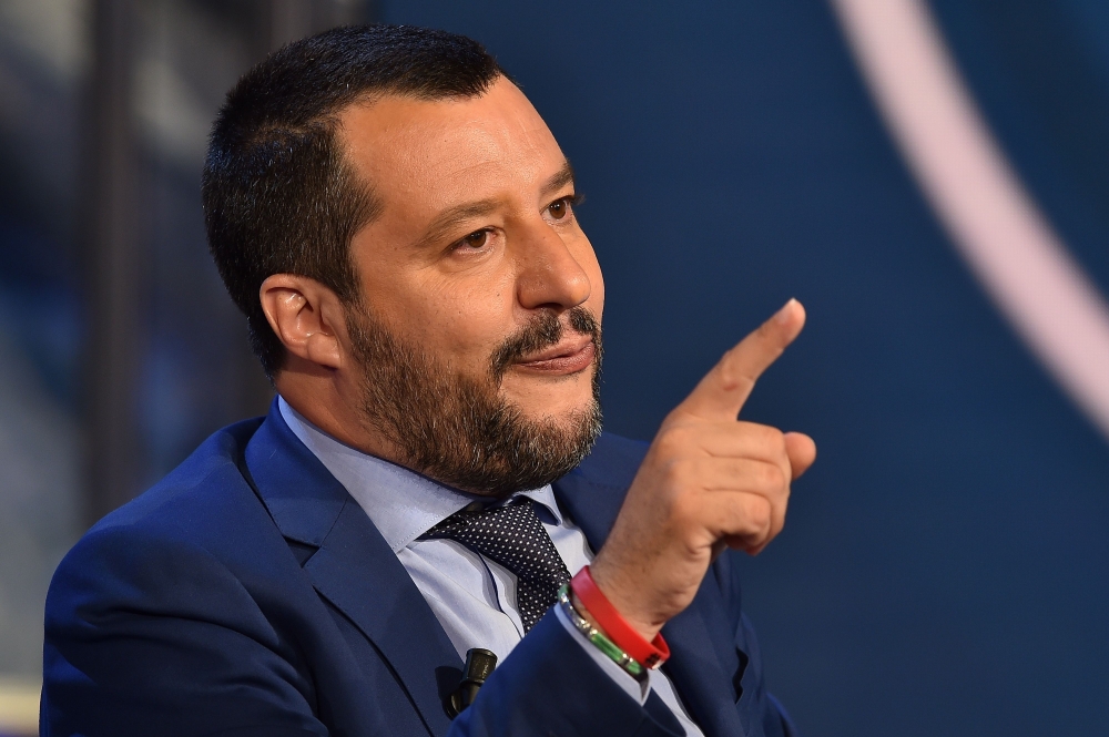 Italian Interior Minister Matteo Salvini during the Italian talk show 'Porta a Porta' broadcast on Italian channel Rai 1 in Rome on June 20, 2018. AFP/Andreas Solaro