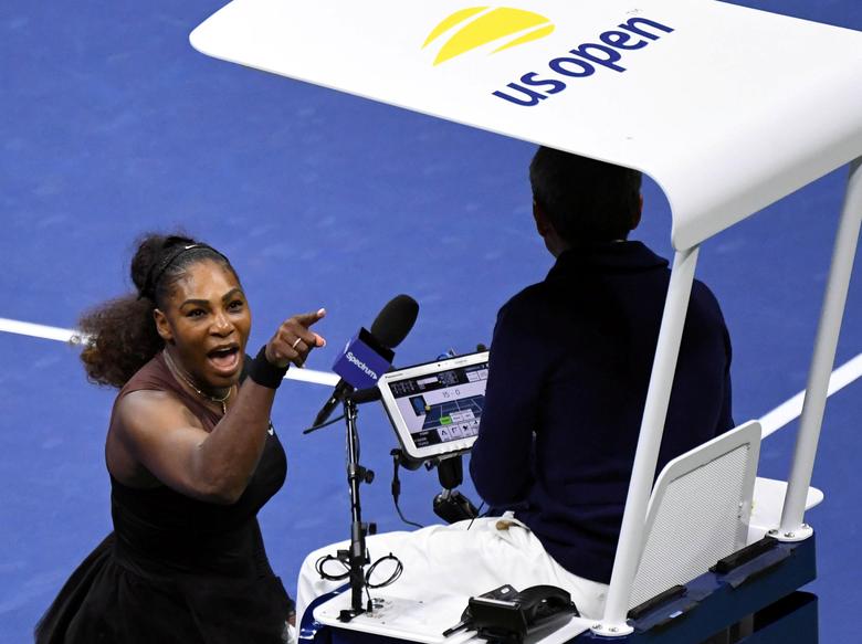 Serena Williams yells at chair umpire Carlos Ramos in the women's final against Naomi Osaka on day thirteen of the 2018 U.S. Open tennis tournament at USTA Billie Jean King National Tennis Center, September 8, 2018. Danielle Parhizkaran-USA TODAY SPORTS