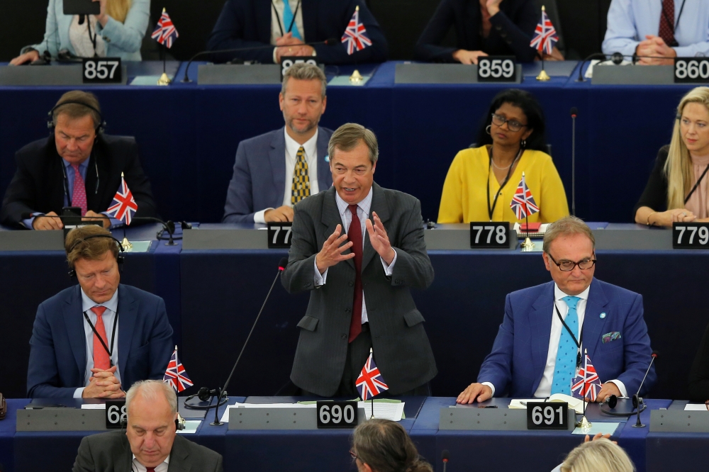 Brexit Party leader Nigel Farage speaks during a debate on the election of designated European Commission President Ursula von der Leyen at the European Parliament in Strasbourg, France, July 16, 2019. (REUTERS/Vincent Kessler)
