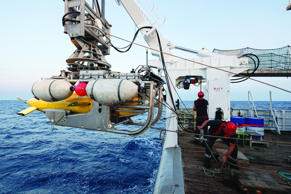 The AsterX submarine drone returns on board the Antea research vessel during the second phase of the search for the wreckage of the Minerve submarine, in this image provided by the Marine Nationale on July 22, 2019.  Sebastien Chenal/Marine Nationale/via 