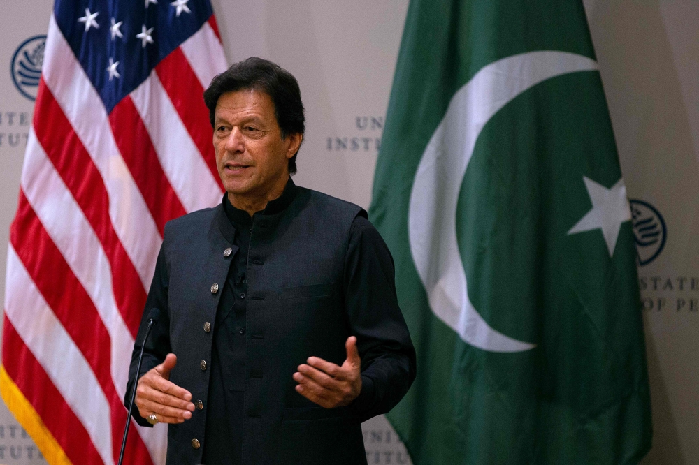 Pakistani Prime Minister Imran Khan speaks at the United States Institute of Peace (USIP) in Washington, DC, on July 23, 2019. (AFP / Alastair Pike)