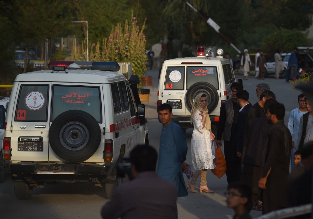 Ambulances bring wounded civilians to the Wazir Akbar Khan hospital following an attack in Kabul on July 28, 2019. At least one person was killed and 13 others wounded in an attack July 28 targeting the Kabul office of the running mate of Afghan President