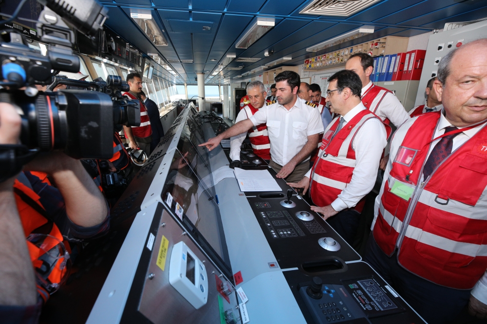 Turkish Energy and Natural Resources Minister Fatih Donmez (2nd R) and Prime Minister of Turkish Republic of Northern Cyprus (TRNC), Ersin Tatar (R) tour Turkey's drillship 'Yavuz', operating in the Mediterranean Sea, on August 07, 2019. Celal Güne? - Ana