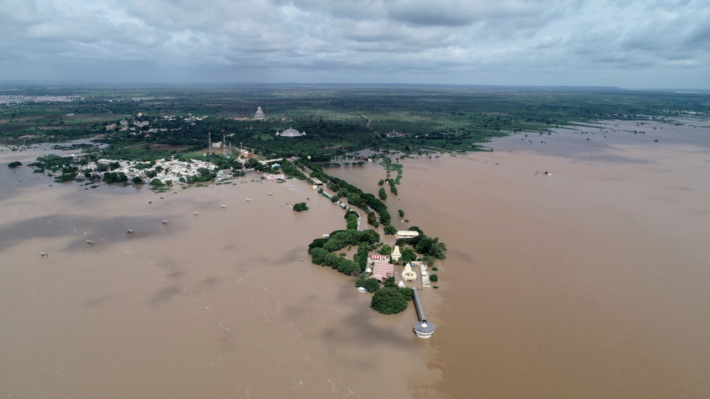 An aerial view of the Kudala Sangama, an important centre of pilgrimage for the Lingayat community, submerged in floodwaters in Bagalkot district in Karnataka about 460 kms of the South Indian city of Bangalore on August 10, 2019. AFP