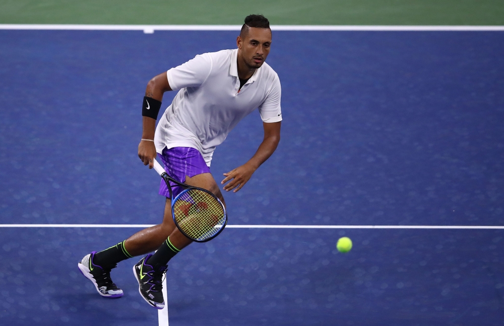 Nick Kyrgios of Australia plays a volley during his Men's Singles first round match against Steve Johnson of the United States on day two of the 2019 US Open at the USTA Billie Jean King National Tennis Center on August 27, 2019 in the Flushing neighborho