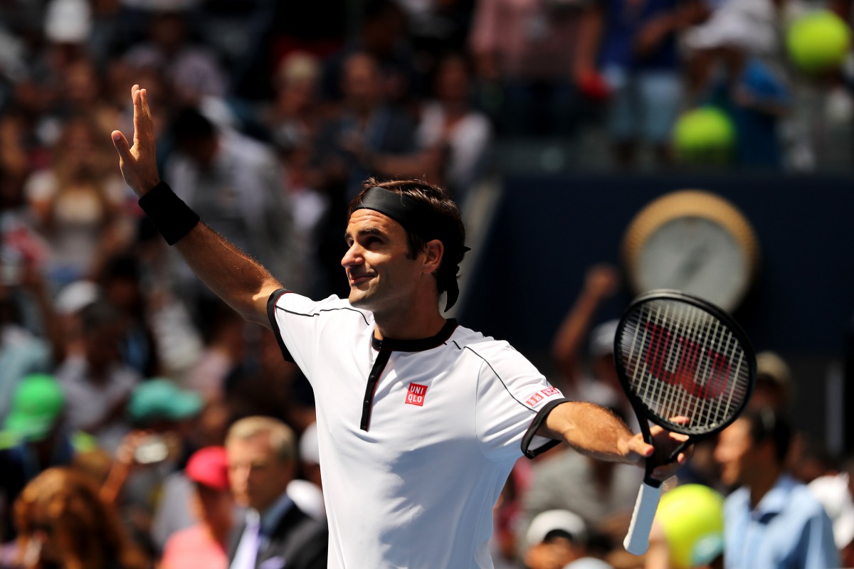  Roger Federer of Switzerland celebrates winning his Men's Singles fourth round match against David Goffin of Belgium on day seven of the 2019 US Open at the USTA Billie Jean King National Tennis Center on September 01, 2019 in Queens borough of New York 