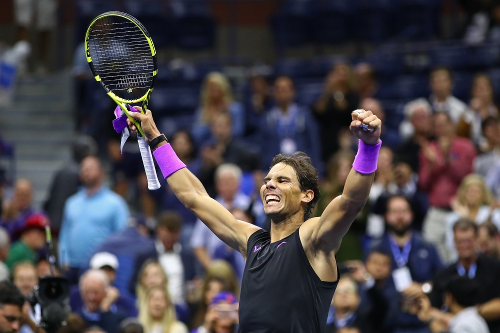 Rafael Nadal of Spain celebrates after winning his Men's Singles semi-final match against Matteo Berrettini of Italy on day twelve of the 2019 US Open at the USTA Billie Jean King National Tennis Center on September 06, 2019 in the Queens borough of New Y