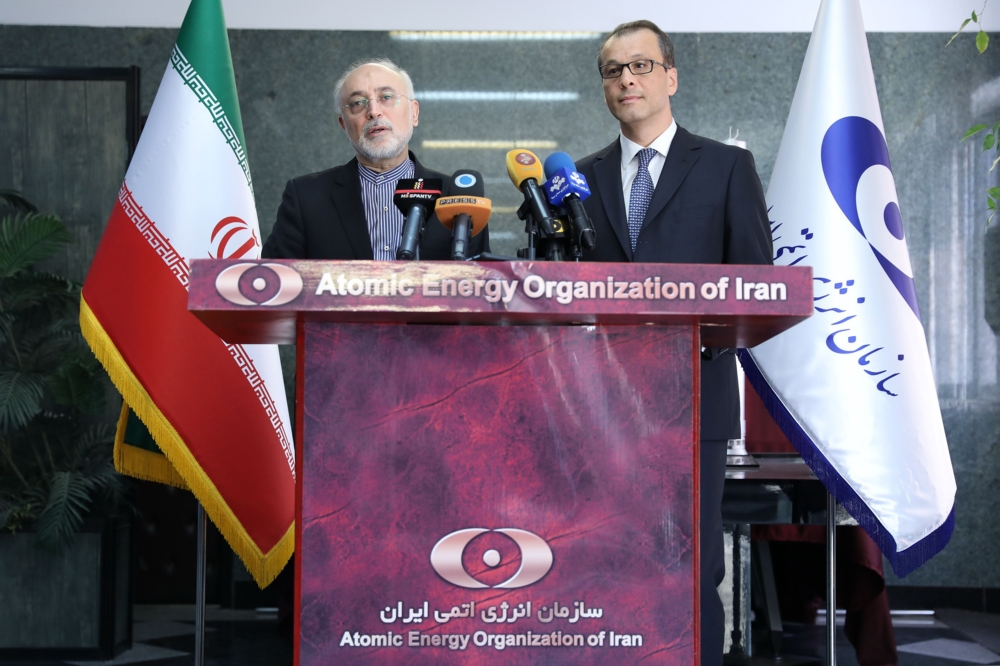 The head of the organization Ali Akbar Salehi (L) and Acting Director General of the International Atomic Energy Agency (IAEA) Cornel Feruta giving a joint press conference in Tehran.