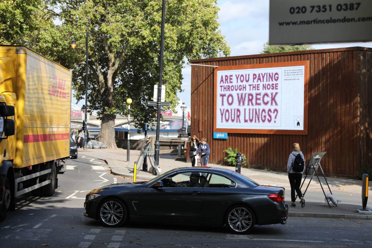 A billboard warning of high air pollution in Chelsea, west London, in an undated handout photograph by Central Office of Public Interest