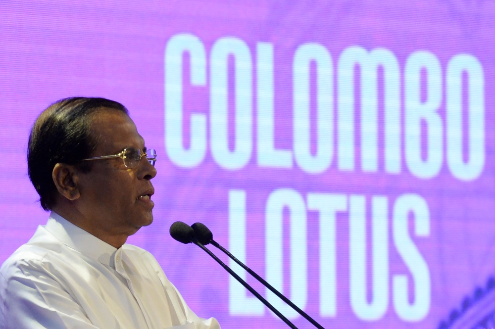 Sri Lanka's President Maithripala Sirisena delivers a speech during the opening of the Lotus Tower in Colombo on September 16, 2019.  AFP / LAKRUWAN WANNIARACHCHI