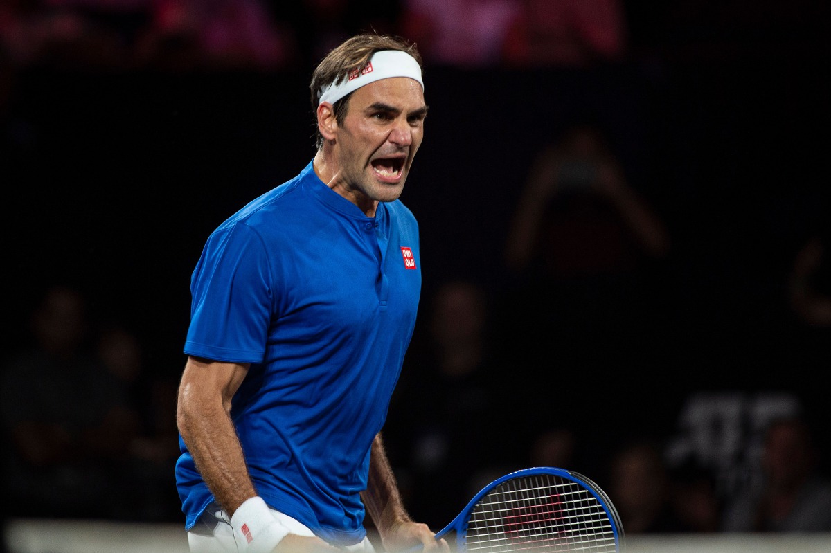 Team Europe's player Roger Federer celebrates after winning his match during the 2019 Laver Cup tennis tournament in Geneva, on September 22, 2019. AFP / Romain Lafabregue
