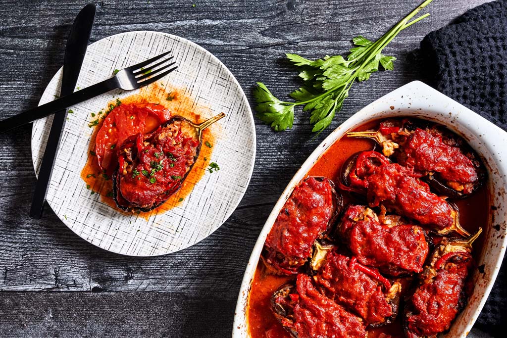  Eggplant Stuffed With Onions, Peppers, Cheese and Nuts. Photo by Stacy Zarin Goldberg for The Washington Post. 