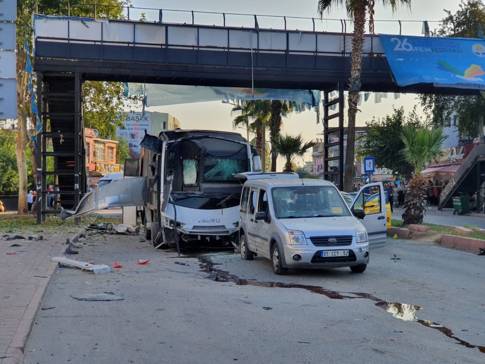 A bus carrying police is seen after hit by a bomb attack in Adana, Turkey, September 25, 2019. Gokhan Keskinci/Demiroren News Agency (DHA) via REUTERS