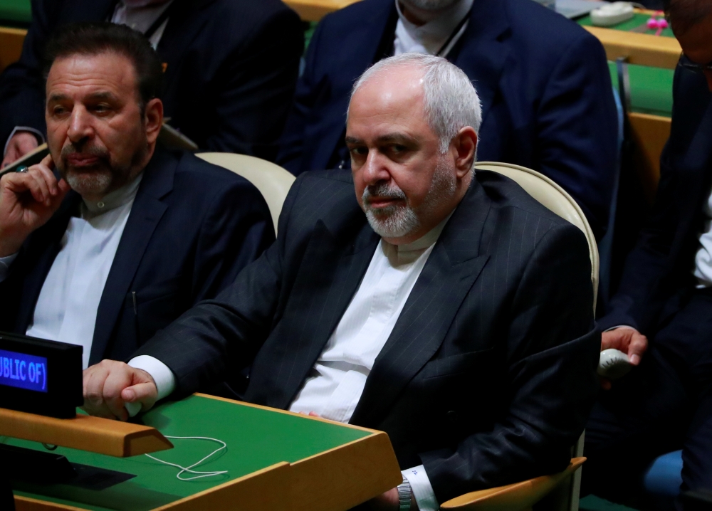 Iranian Foreign Minister Mohammad Zarif sits in the General Assembly Hall to listen to an address by Iranian president Hassan Rouhani at the 74th session of the United Nations General Assembly at U.N. headquarters in New York City, New York, U.S., Septemb