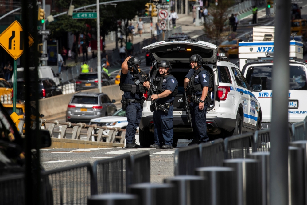 NYPD officers stand guard around United Nations headquarters during the 74th session of the United Nations General Assembly in New York, September 24, 2019. Reuters/Eduardo Munoz