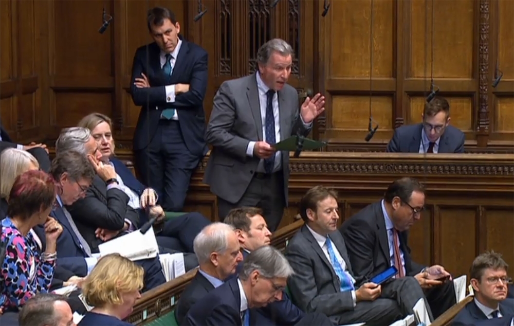 A video grab from footage broadcast by the UK Parliament's Parliamentary Recording Unit (PRU) shows expelled Conservative MP Oliver Letwin speaking to move his amendment and explain its purpose and effect in the House of Commons in London on October 19, 2