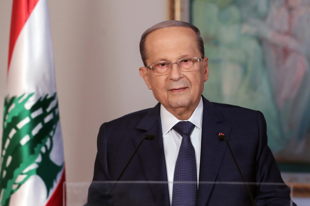 Lebanese President Michel Aoun addressing the nation on the third anniversary of his presidency from the presidential palace in Baabda, east of the capital Beirut, on October 31, 2019.  AFP/ Dalati and Nohra