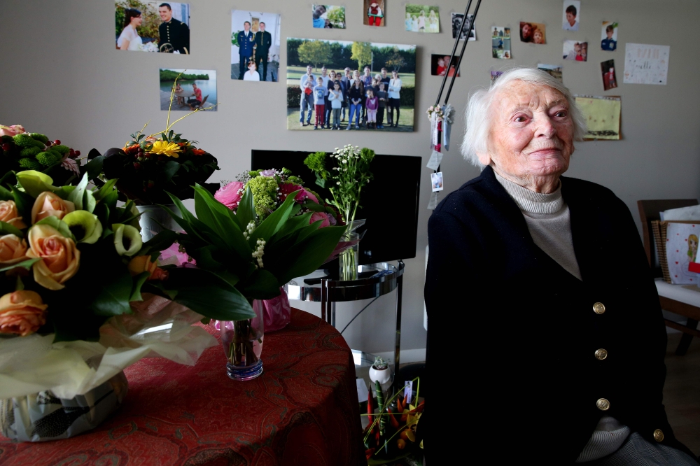  In this file photo taken on April 26, 2017 Yvette Lundy poses for a picture at a retired home in Epernay, northeastern France. Yvette Lundy, a figure of the French Resistance, died at the age of 103 in Epernay on November 3, 2019, announced the Marne pre