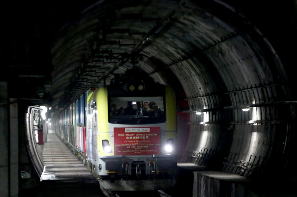 China Railway Express crosses Istanbul's sub-sea tunnel, Marmaray (the railway system linking the eastern and western sides of Istanbul from under the Marmara Sea) in Istanbul, Turkey on November 7, 2019. Ahmet Bolat - Anadolu Agency )
