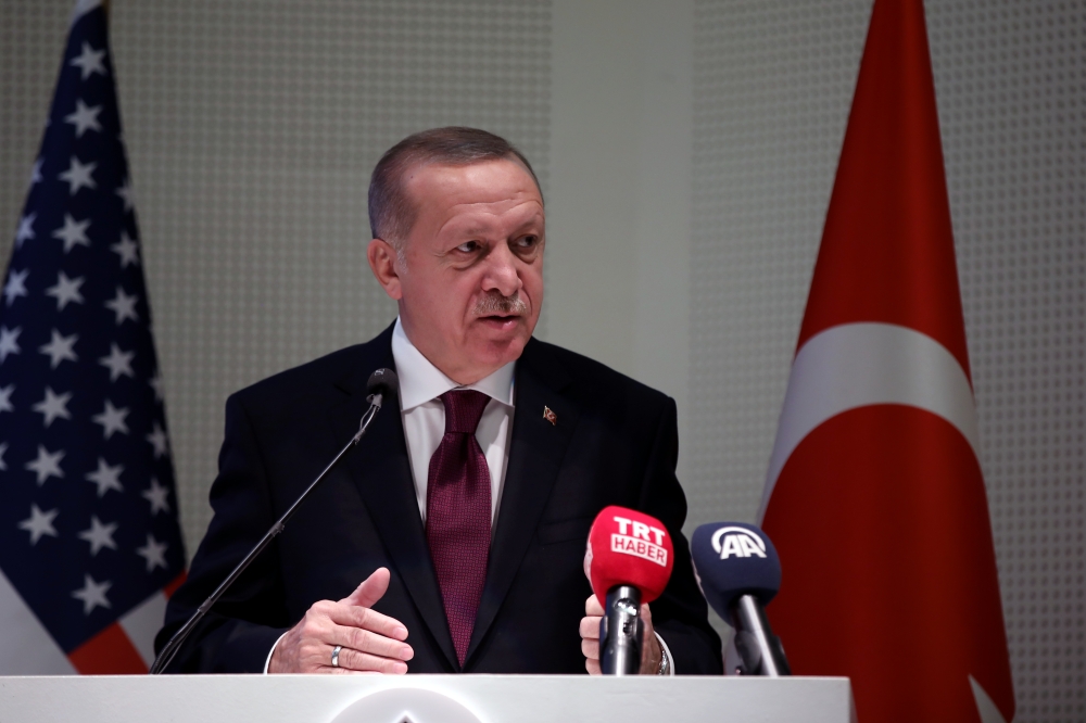 President of Turkey, Recep Tayyip Erdogan makes a speech during his meeting with members of the Turkish and Muslim community in the U.S, at the Diyanet Center of America in Maryland, Washington, United States on November 13, 2019. ( Tayfun Co?kun - Anadol