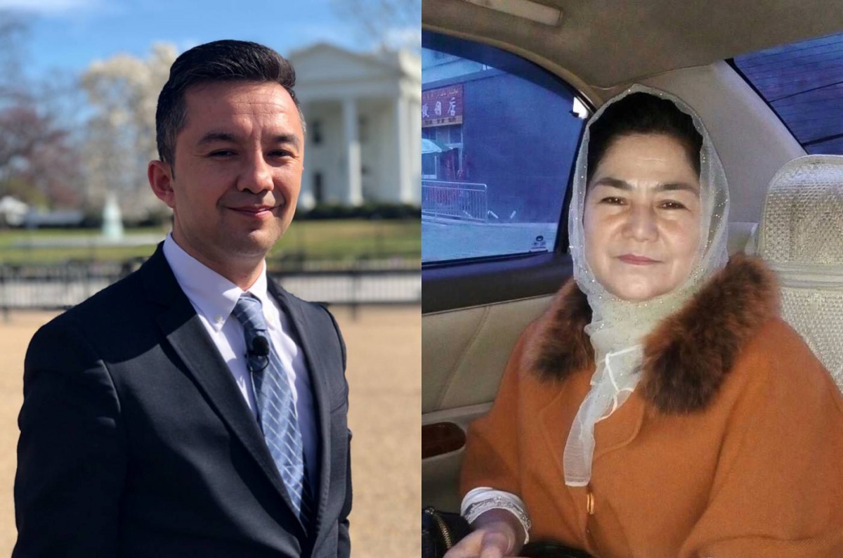This composite shows Uighur activist Ferkat Jawdat in front of the White House in Washington, March 28, 2019. His mother Minaiwaier Tuersun is pictured on the right shortly before she was detained in Xinjiang, China, in early 2018. Photos supplied by Ferk