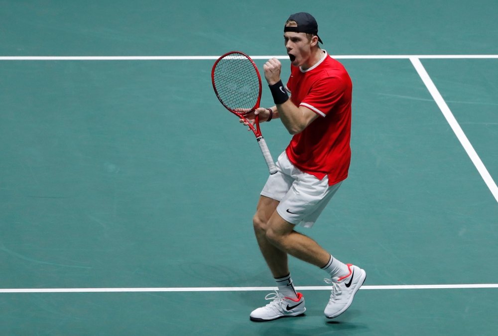 Tennis - Davis Cup Finals - Caja Magica, Madrid, Spain - November 19, 2019 Canada's Denis Shapovalov reacts during his group stage match against Taylor Fritz of the U.S. REUTERS/Susana Vera
