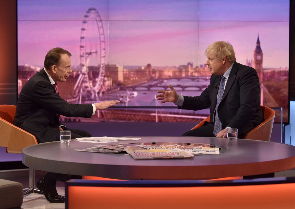 Prime Minister Boris Johnson appears on The Andrew Marr Show of BBC TV in London, Britain, December 1, 2019. Jeff Overs / BBC via Reuters