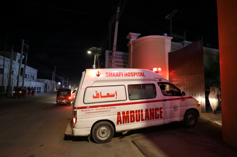 An ambulance carrying an injured person from an attack by Al Shabaab gunmen on a hotel near the presidential residence arrives to the Shaafi hospital in Mogadishu, Somalia December 10, 2019. Reuters/Feisal Omar