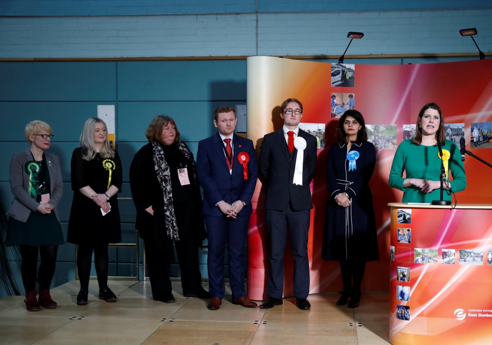 Liberal Democrats candidate Jo Swinson (R) speaks after losing her seat in East Dunbartonshire constituency to Scottish National Party's Amy Callaghan (2nd L), at a counting centre for Britain's general election in Bishopbriggs, Britain December 13, 2019.